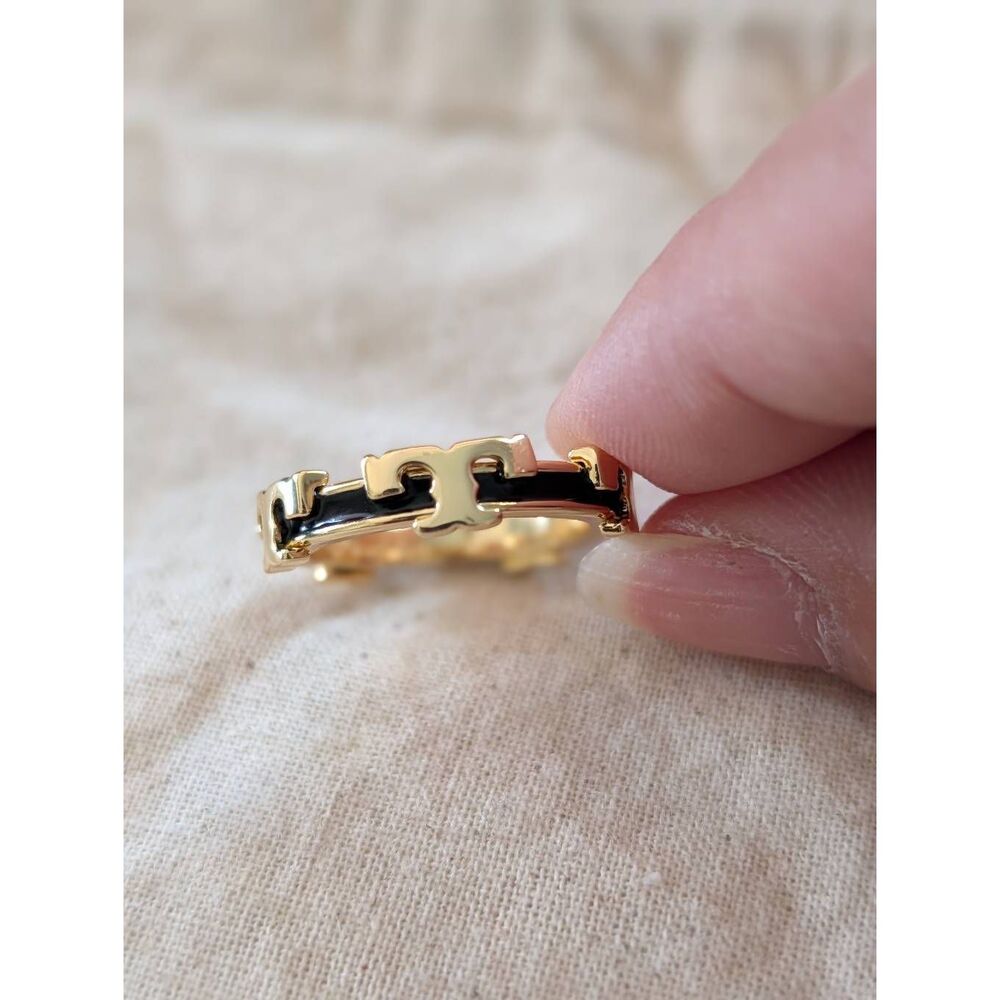 TORY BURCH Serif  T Logo Black Enamel Stackable Ring Size 7 - Picture 2 of 4